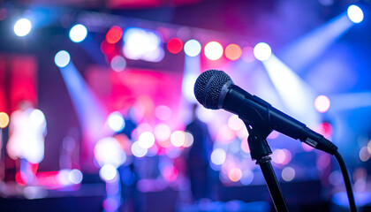 Obraz premium Stage microphone ready for a performance, bathed in vibrant bokeh lights. Captures the electric atmosphere of live music, concerts, or public speaking events.