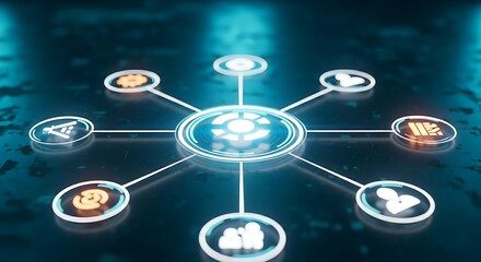 Partner ecosystem concept. A central company icon with glowing connection lines extending to multiple partner icons, forming a strong network.