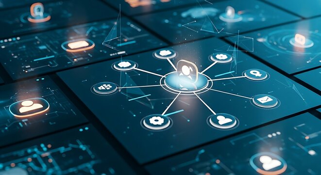 Partner ecosystem concept. A central company icon with glowing connection lines extending to multiple partner icons, forming a strong network.