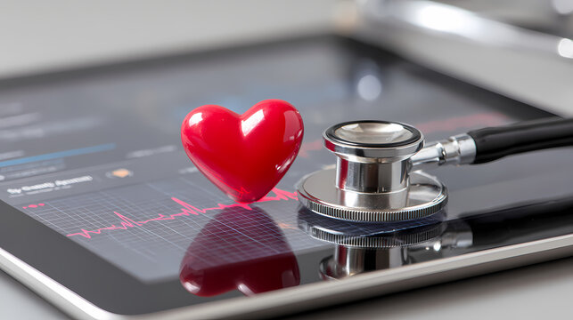 Digital health monitoring concept with a red heart, stethoscope, and tablet displaying vital signs, symbolizing modern healthcare technology and telemedicine advancements - Powered by Adobe