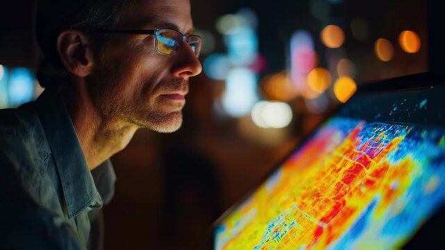 Medium shot of a city technician analyzing heat map layers on a transparent screen bright heat zones prominent cityscape behind softly defocused for depth.