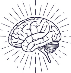 Stylized Line Art Brain with Sunburst Rays human brain