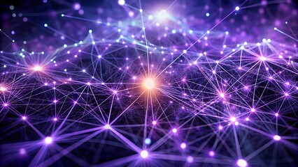 Abstract network graphic depicting interconnected data points and complex relationships in a vibrant purple and violet color scheme