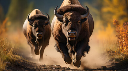 Two American Bison Running Through Autumn Landscape