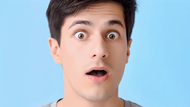 Young woman whispering secret into surprised man&rsquo;s ear. Concept of gossip, shock, communication, confidentiality, rumor, intrigue, and private conversation on blue background.