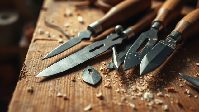 Woodturning tools and handmade wooden pieces on workbench