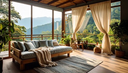 A bright, airy sunroom with a daybed, overlooking a lush green mountain landscape through large windows.