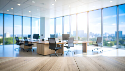 Modern Office Interior with Large Windows Overlooking Cityscape and Minimalist Furniture