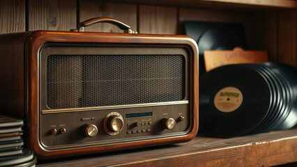 Classic radio and vinyl records on wooden shelf
