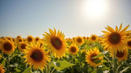 Fototapeta premium Sunflower field with barn at golden hour 