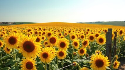Fototapeta premium Sunflower field blooming under clear blue sky 
