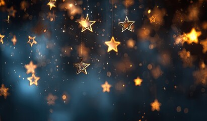 Golden stars hanging against a dark, starry night.  A bokeh effect creates a dreamy, magical atmosphere