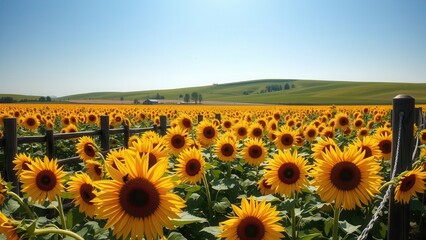 Obraz premium Sunflower field near countryside house at sunrise 