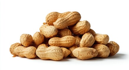 Pile of unshelled peanuts, tan and beige, casts shadow on white backdrop
