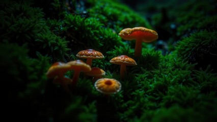 Fototapeta premium Glowing forest mushrooms on moss in low light 