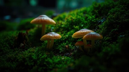 Fototapeta premium Glowing forest mushrooms on moss in low light 