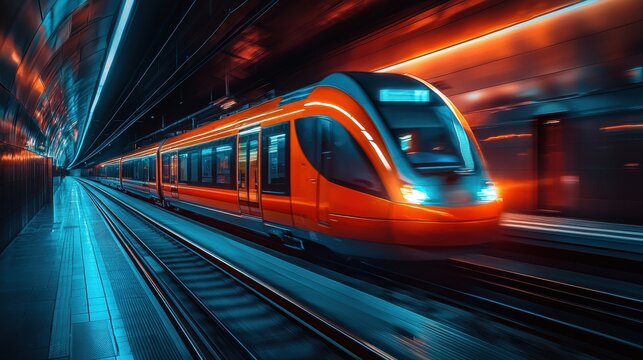 High Speed Train Arriving at Modern Station Platform at Night