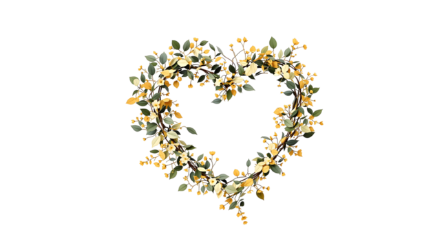 A beautiful heart-shaped floral wreath with delicate yellow flowers and green leaves on a white background, perfect for invitations and decorations