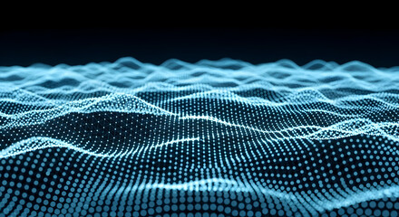 Abstract Digital Waves in Ethereal Blue Light Against a Dark Background Representing Fluid Motion and Technological Depth