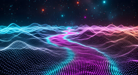 Abstract Digital Landscape With Flowing Neon River Through Mountains And Starry Night Sky