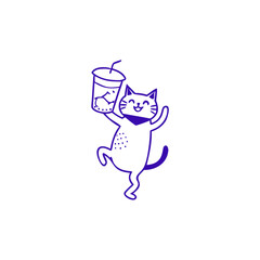 Cute Minimal Cat Holding Coffee Cup Vector Illustration, Vector logo design template and graphic elements for advertising, branding, posters and banners, funny cartoon illustrations  