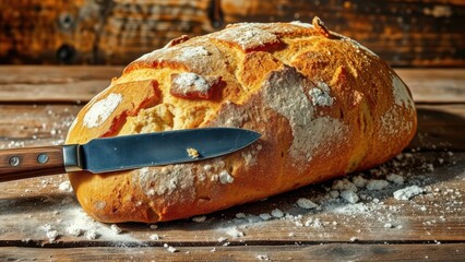 Rustic loaf of bread with knife on wooden table
