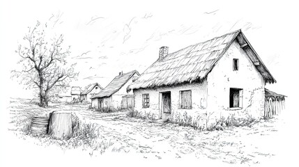 Obraz premium Pen and ink drawing of thatched cottages in rural landscape