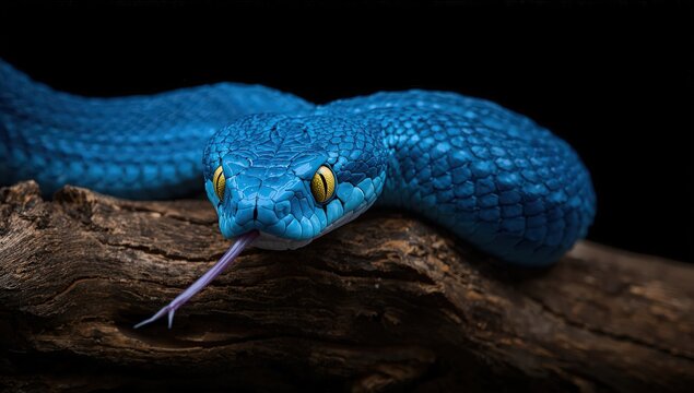 "Blue Pit Viper Snake on Branch Against Black Background &ndash; Exotic Reptile Close-Up"