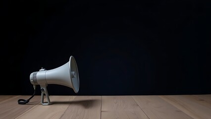 Megaphone placed on a wooden surface against a dark background.