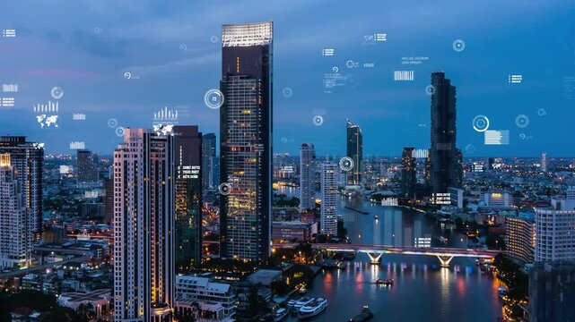 Business data analytic interface fly over smart city showing alteration future of business intelligence. Computer software and artificial intelligence are used to analyze big data for strategic plan .