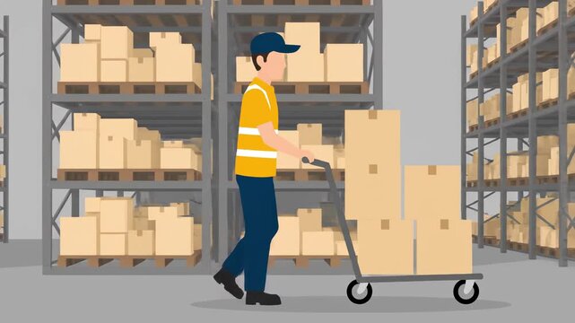 Flat style illustration of a warehouse picker pushing a trolley with boxes past tall shelves, simple geometric forms and clean silhouettes