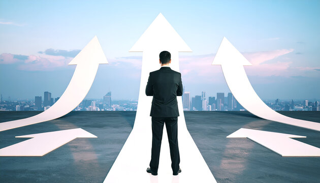 Business Leader Facing Multiple Choices  Upward Paths With Urban Skyline Background
