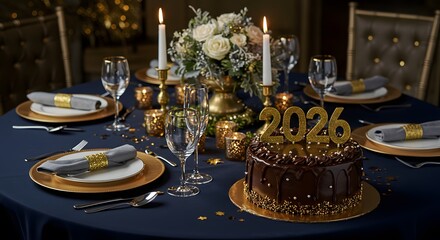 New Year's Eve Table Setting: An elegantly adorned table with a tantalizing cake with the number 2026, ready to celebrate the start of a new chapter.