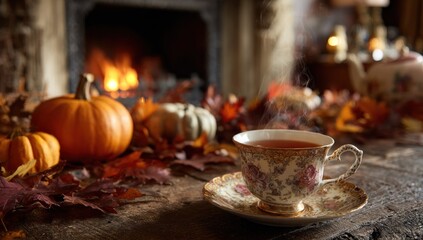 Fototapeta premium Autumnal tea by fireplace