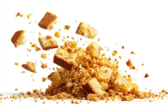 Crumbly cake pieces exploding from a pile