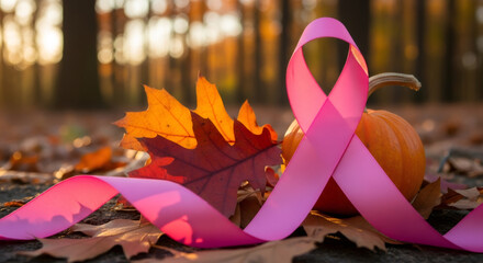 Pink ribbon and pumpkin with autumn leaves. Breast Cancer Awareness Month in fall. Health campaign for support and hope.