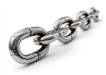 Obraz premium Metal chain, close-up, isolated on white. Links form a long, continuous line, angled slightly toward the viewer. The links show a slightly rough, aged texture
