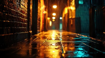 Rainy City Alley at Night with Glowing Lights and Wet Cobblestones