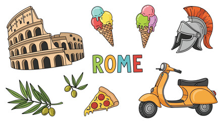 A vibrant set of cartoon illustrations featuring iconic symbols of Rome and Italian culture for travel