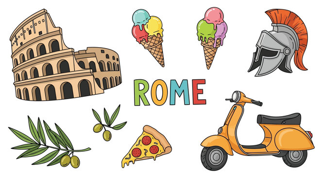 A vibrant set of cartoon illustrations featuring iconic symbols of Rome and Italian culture for travel