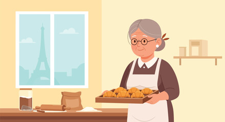 Grandmother baking croissants in a Parisian kitchen with Eiffel Tower view, a comforting scene