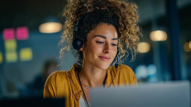 Focused medium shot of a linguist reviewing dialect copy on laptop during a video call with team members and digital notes softly out of focus beyond.