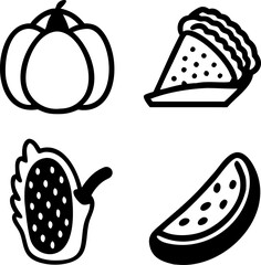 Fototapeta premium Fall harvest delight featuring pumpkin, slice of pie, dragon fruit, and watermelon icon set