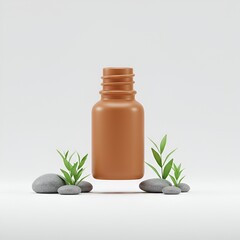 A minimalist scene features a brown bottle with plants and smooth grey stones on white background.