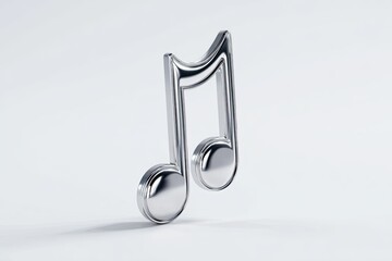 A metallic silver musical note symbol, rendered in 3D, sits on a plain white background.  Its curves and rounded dots are highly detailed, giving a reflective, polished look