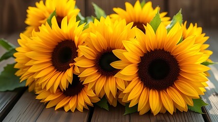 Fototapeta premium Close-up of vibrant sunflowers on a wooden surface, radiating warmth and rustic charm.