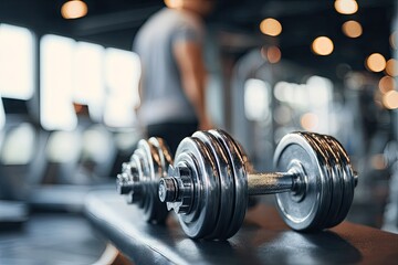 Fototapeta premium Metal dumbbells on gym bench. Blurred man in background