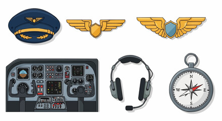 Aviation vector object and icon aviation pilot gear and equipment illustration including hat wings cockpit headset and compass vector design