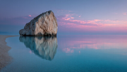 A tranquil coastal scene featuring a rock formation with its reflection in calm water under a twilight sky with soft pink and purple hues.