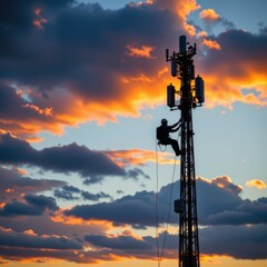 Climber Ascends Cell Tower at Sunset Urban Skyline Photography Dramatic Clouds Side Perspective Connectivity